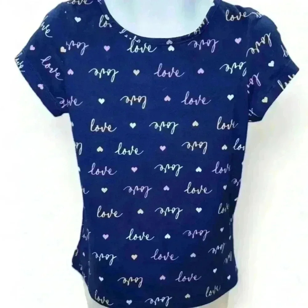 Emma & Elsa Girls Size 5 Blue Heart Love Print Short Sleeve T-Shirt